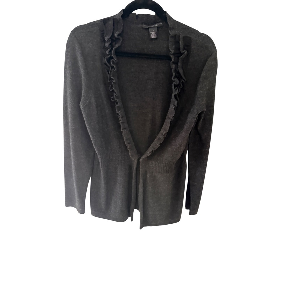 Elena Solano Charcoal Gray 100% Merino Wool Ruffle Cardigan Large Quiet Luxury